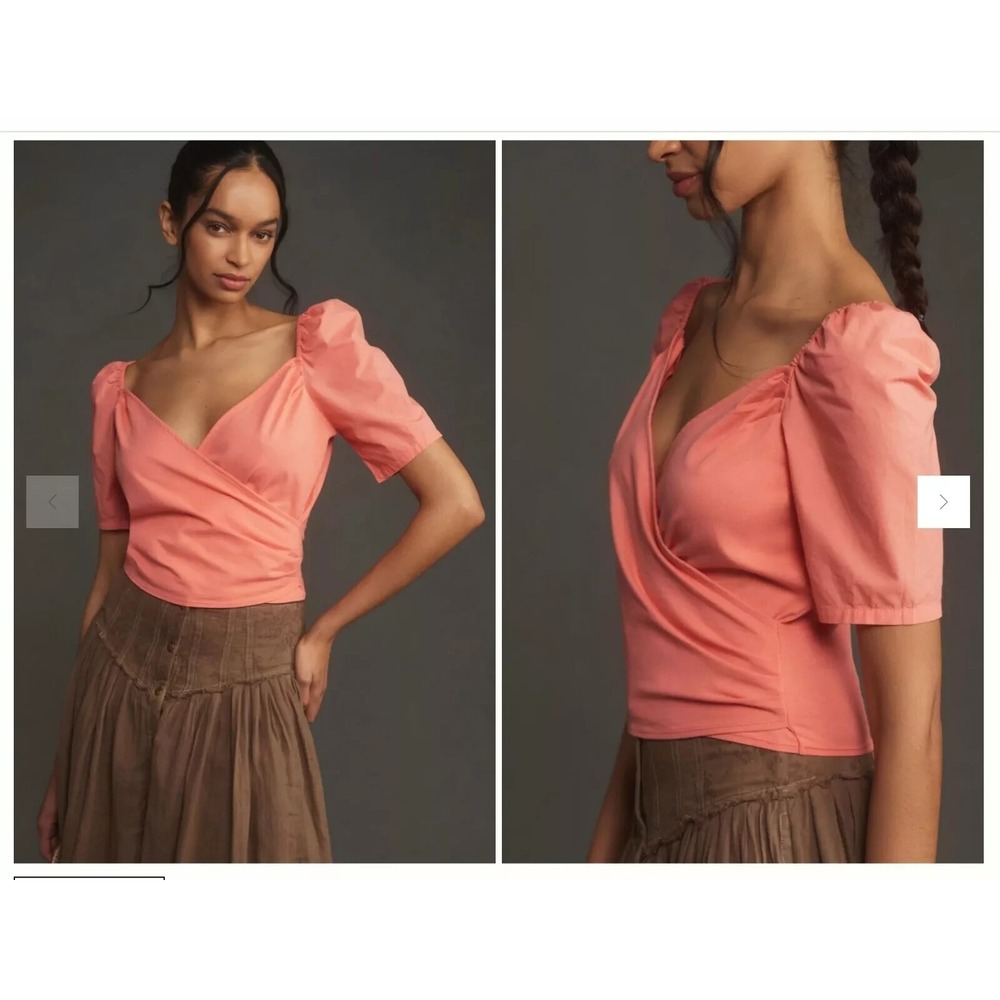 NEW ANTHROPOLOGIE PUFF SLEEVE SOFT KNIT WOVEN MIX WRAP TOP ORANGE XXS